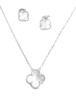 White mother of pearl silver clover  pendant and a stud to match.
