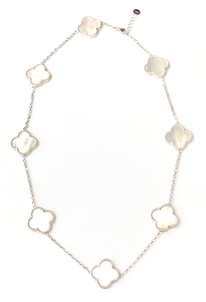 Silver white mother of pearl clover short necklace