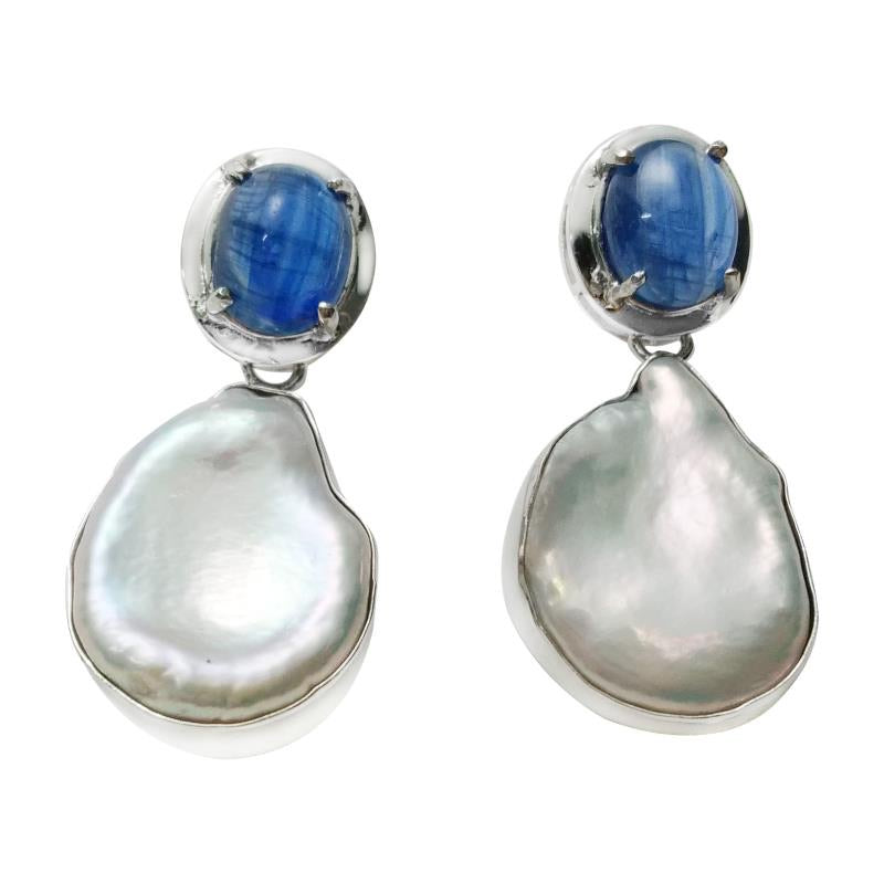 Short drop keshi pearl and kyanite earrings