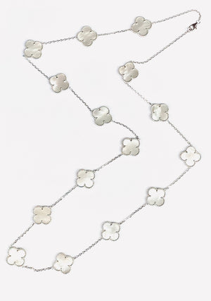 Long mother of pearl sterling silver clover necklace